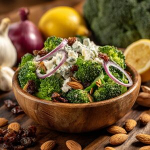 Recette de Salade aux Brocolis, Raisins et Amandes - Superfood - AI generated