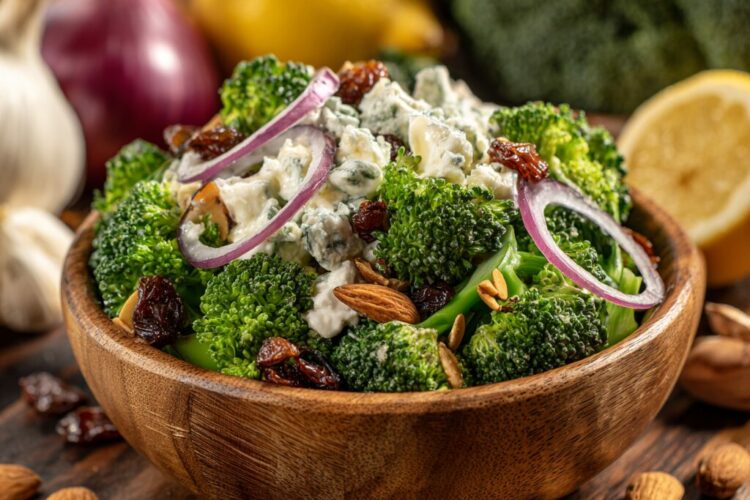Recette de Salade aux Brocolis, Raisins et Amandes - Superfood - AI generated